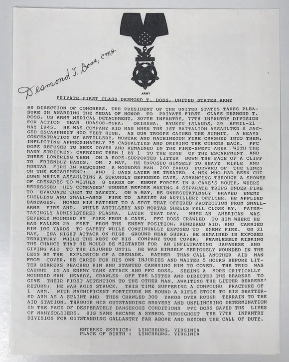 Desmond Doss (d. 2006) Signed Autographed 8.5x11 Medal of Honor Sheet Hacksaw Ridge - Lifetime COA