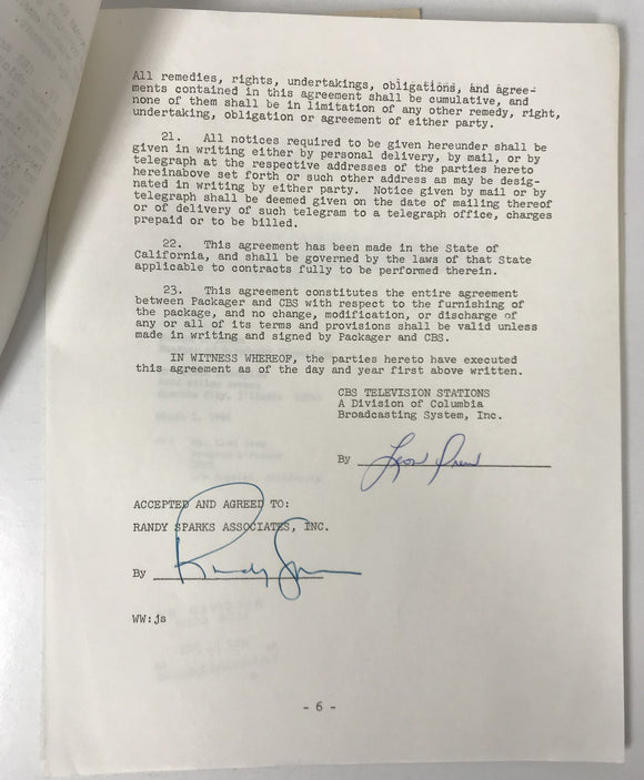 Randy Sparks Signed Autographed Vintage 1966 Music Contract - Lifetime COA