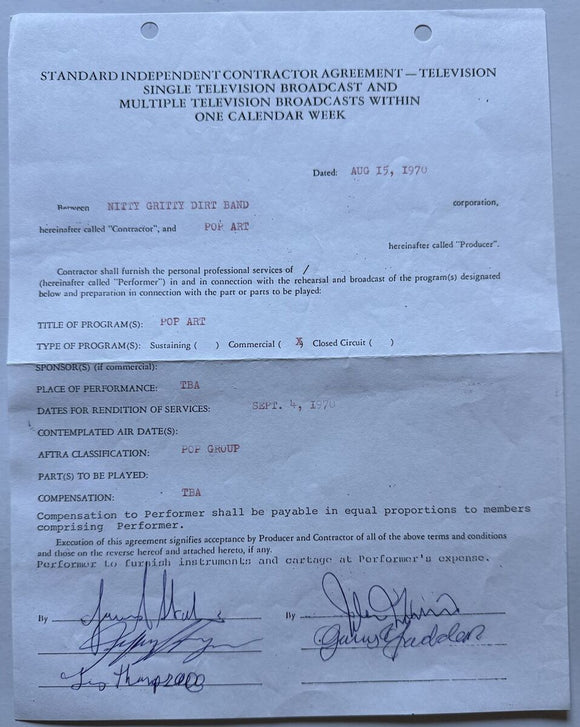 Nitty Gritty Dirt Band Signed Autographed Vintage 1971 Contract - Lifetime COA