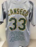 Jose Canseco Signed Autographed Oakland Gray Lifetime Stats Baseball Jersey - Beckett BAS