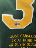 Jose Canseco Signed Autographed Oakland Green Lifetime Stats Baseball Jersey - Beckett BAS