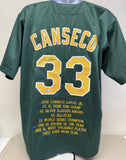 Jose Canseco Signed Autographed Oakland Green Lifetime Stats Baseball Jersey - Beckett BAS