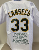 Jose Canseco Signed Autographed Oakland White Lifetime Stats Baseball Jersey - Beckett BAS