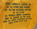 Jose Canseco Signed Autographed Oakland Yellow Lifetime Stats Baseball Jersey - Beckett BAS