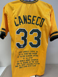 Jose Canseco Signed Autographed Oakland Yellow Lifetime Stats Baseball Jersey - Beckett BAS