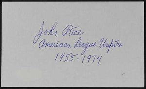 John Rice (1918 - 2011) Autographed Vintage "AL Umpire" 3x5 Index Card (JSA Certified)