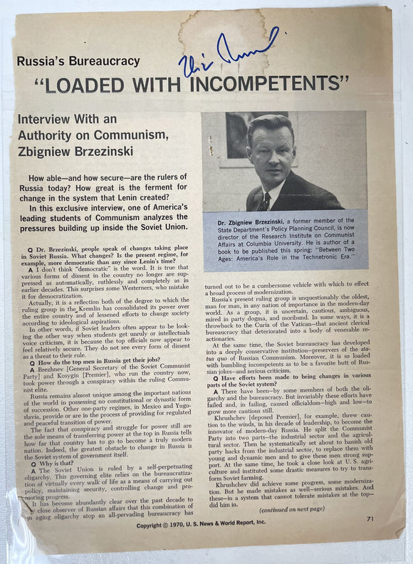 Zbigniew Brzezinski (d. 2017) Signed Autographed Vintage 8.5x11 Magazine Photo RARE! - COA Matching Holograms