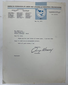 George Meany (d. 1980) Signed Autographed Vintage 1973 Letter on AFL/CIO Letterhead - COA Matching Holograms