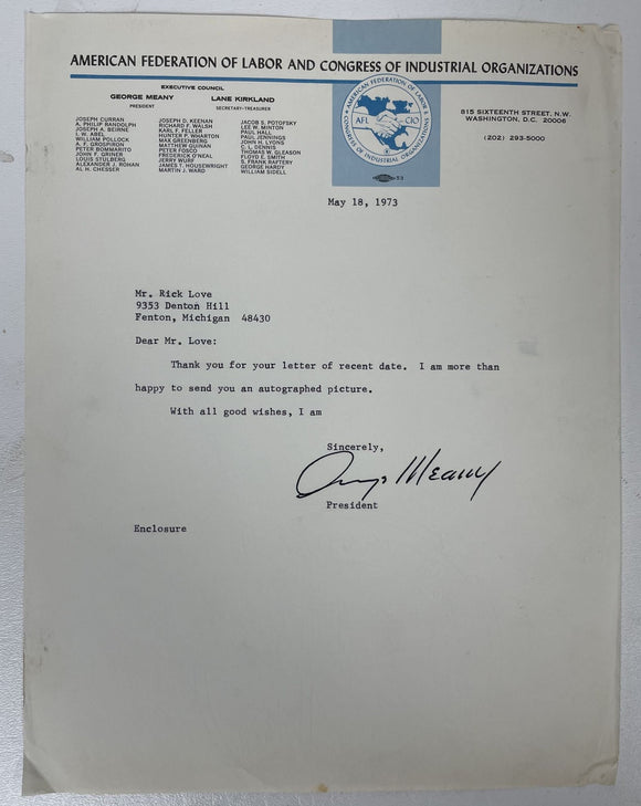 George Meany (d. 1980) Signed Autographed Vintage 1973 Letter on AFL/CIO Letterhead - COA Matching Holograms