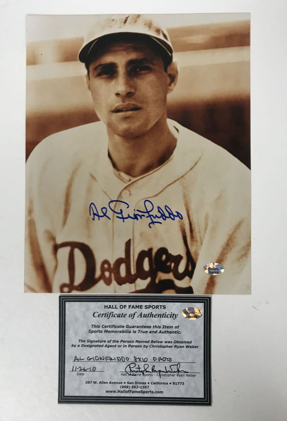 Al Gionfriddo (d. 2003) Signed Autographed Glossy 8x10 Photo - Brooklyn Dodgers