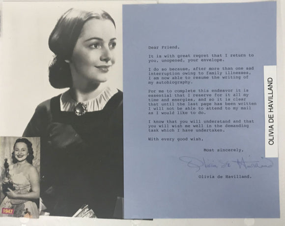Olivia de Havilland (d. 2020) Signed Autographed Vintage Letter 8.5x11 Display - Lifetime COA