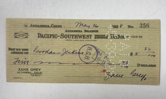 Zane Grey (d. 1939) Signed Autographed Vintage 1928 Personal Check - Mueller Authenticated