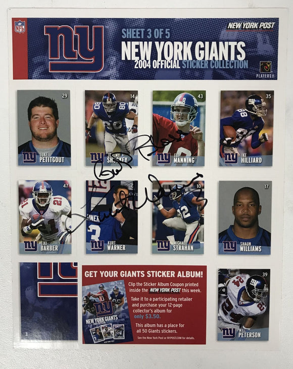 Kurt Warner Signed Autographed New York Giants Sticker Collection Sheet - Lifetime COA
